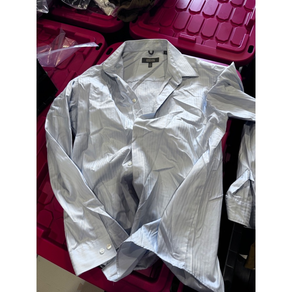 Kenneth Cole Reaction Mens Slim Fit Dress Shirt Blue Stripe Wrinkle Free 16.5 L